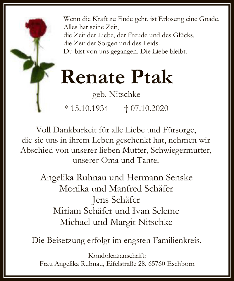  Traueranzeige für Renate Ptak vom 31.10.2020 aus FNP
