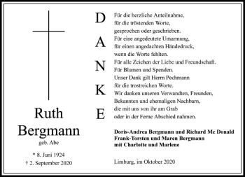 Traueranzeige von Ruth Bergmann von FNP