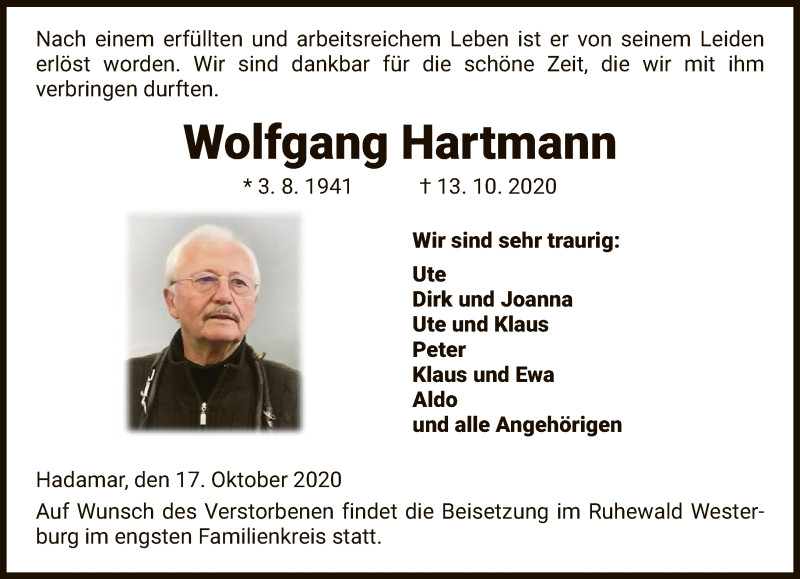  Traueranzeige für Wolfgang Hartmann vom 17.10.2020 aus FNP