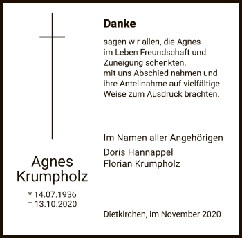 Traueranzeige von Agnes Krumpholz von FNP