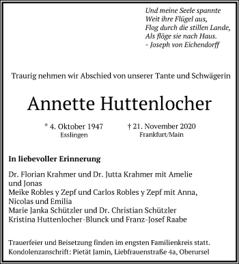 Traueranzeige von Annette Huttenlocher von FNP