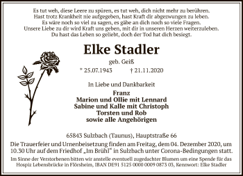 Traueranzeige von Elke Stadler von FNP