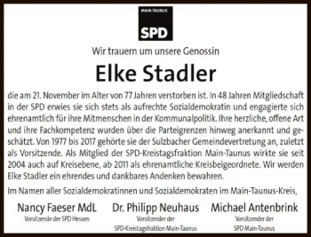 Traueranzeige von Elke Stadler von FNP