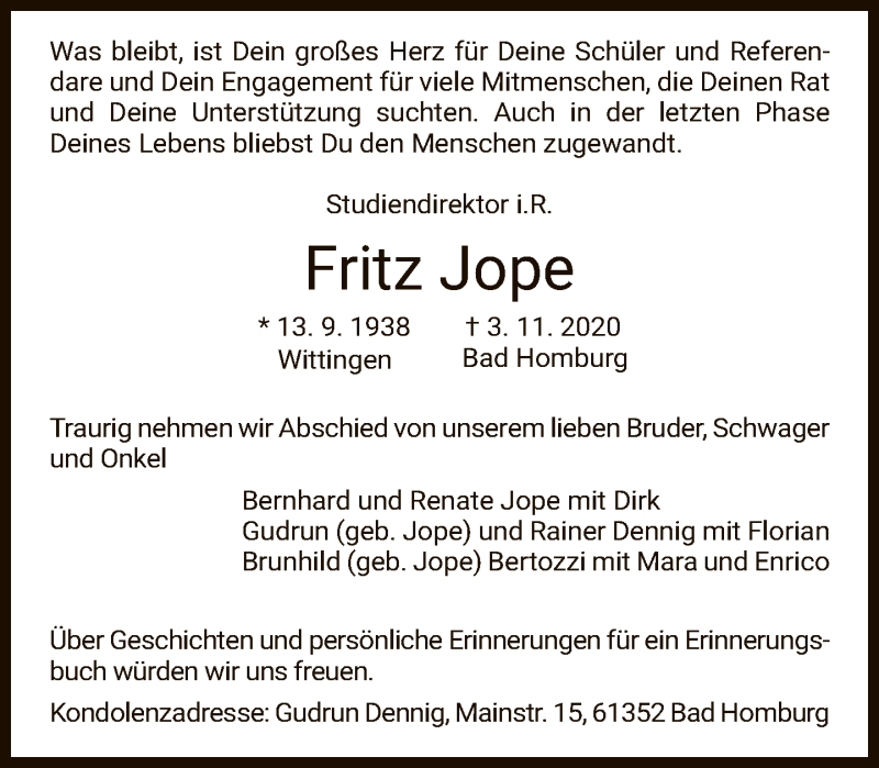  Traueranzeige für Fritz Jope vom 20.11.2020 aus FNP
