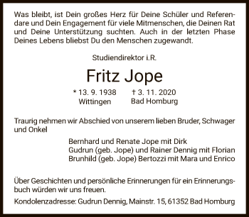 Traueranzeige von Fritz Jope von FNP