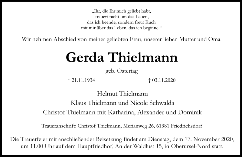  Traueranzeige für Gerda Thielmann vom 14.11.2020 aus FNP
