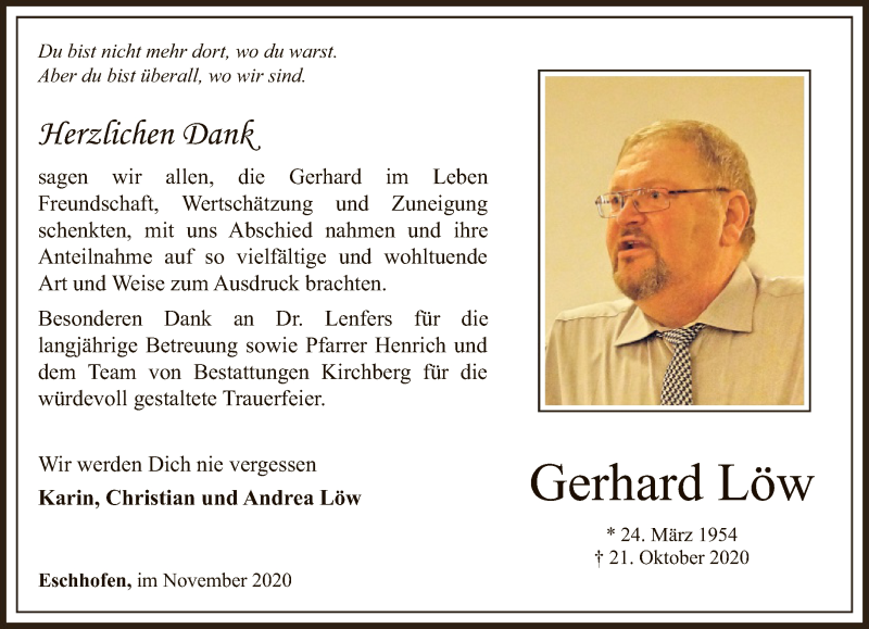  Traueranzeige für Gerhard Löw vom 14.11.2020 aus FNP