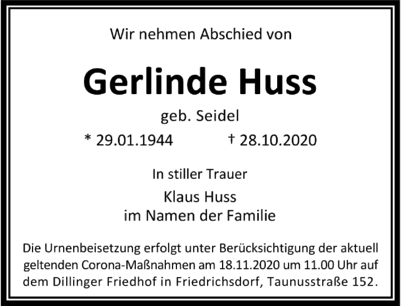  Traueranzeige für Gerlinde Huss vom 14.11.2020 aus FNP