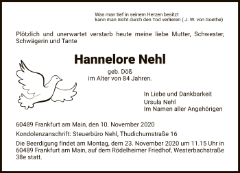 Traueranzeige von Hannelore Nehl von FNP