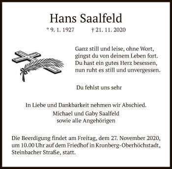 Traueranzeige von Hans Saalfeld von FNP