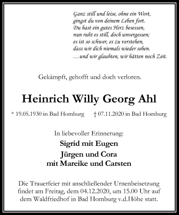 Traueranzeige von Heinrich Willy Ahl von FNP