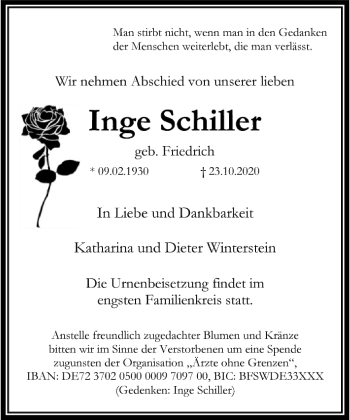Traueranzeige von Inge Schiller von FNP