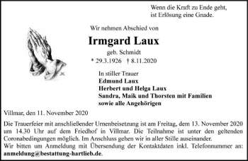 Traueranzeige von Irmgard Laux von FNP