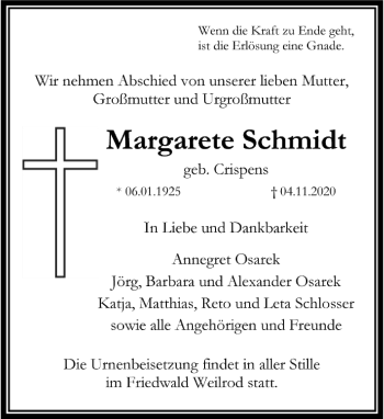 Traueranzeige von Margarete Schmidt von FNP