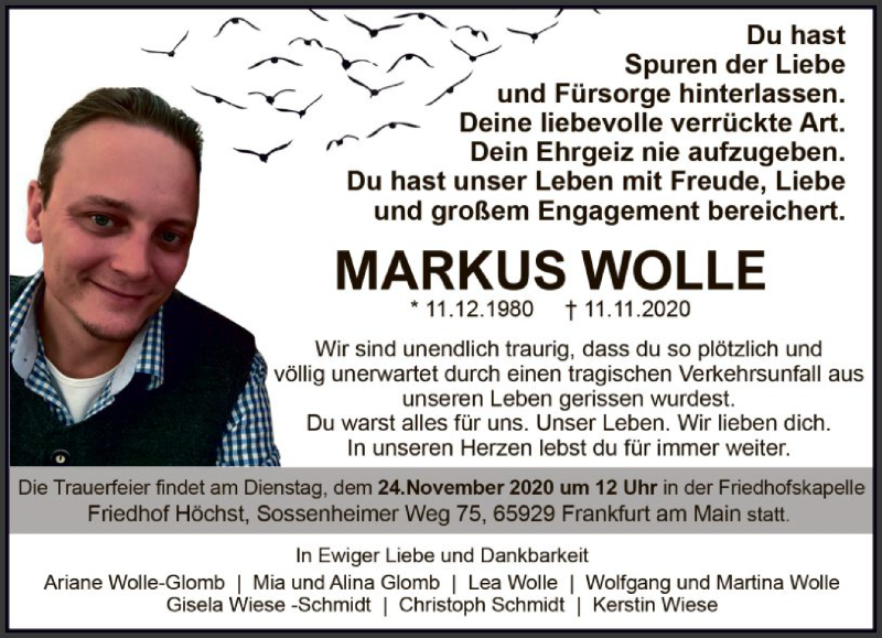  Traueranzeige für Markus Wolle vom 21.11.2020 aus FNP
