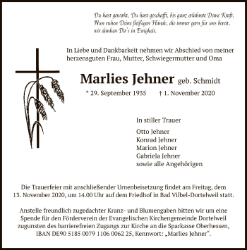 Traueranzeige von Marlies Jehner von FNP