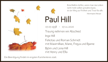 Traueranzeige von Paul Hill von FNP