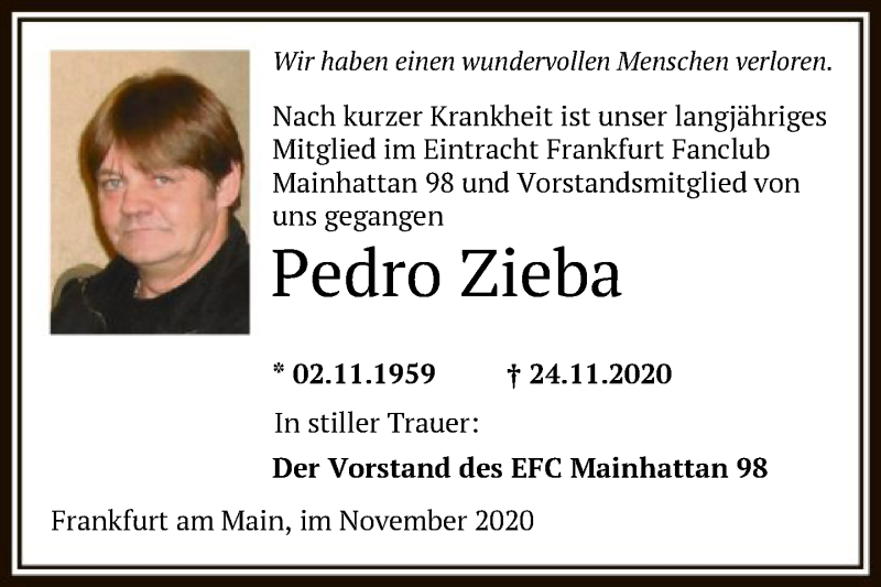  Traueranzeige für Pedro Zieba vom 27.11.2020 aus FNP