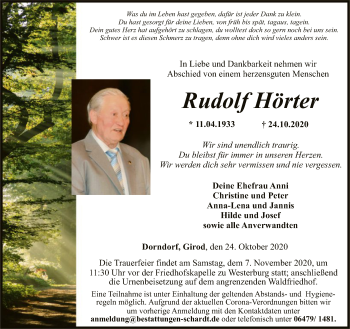 Traueranzeige von Rudolf Hörter von FNP