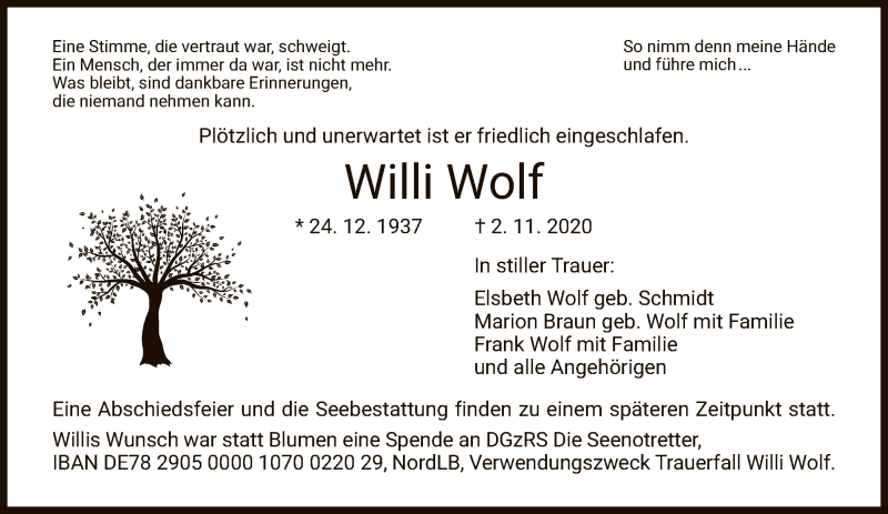  Traueranzeige für Willi Wolf vom 07.11.2020 aus FNP