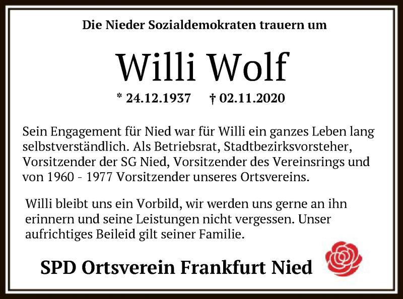  Traueranzeige für Willi Wolf vom 10.11.2020 aus FNP