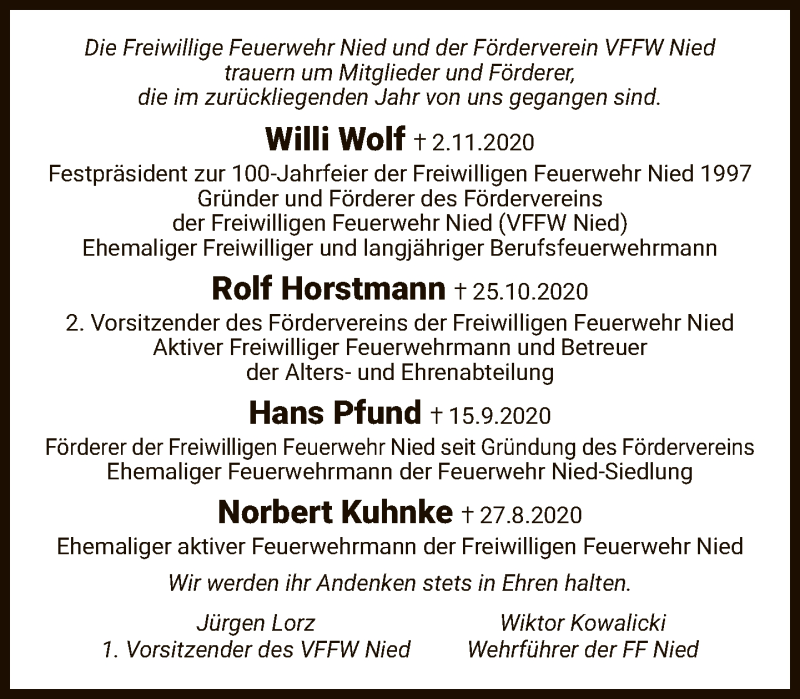  Traueranzeige für Willi Wolf vom 13.11.2020 aus FNP