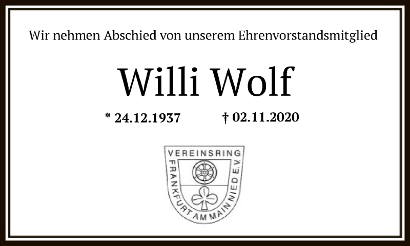  Traueranzeige für Willi Wolf vom 10.11.2020 aus FNP