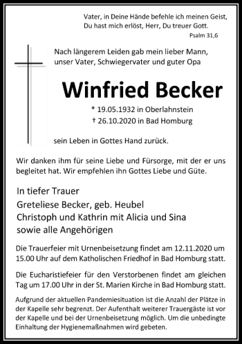 Traueranzeige von Winfried Becker von FNP