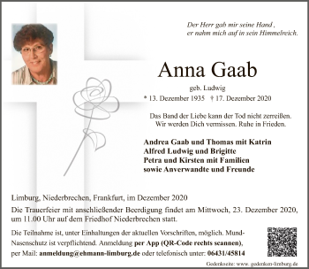 Traueranzeige von Anna Gaab von FNP