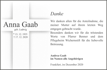 Traueranzeige von Anna Gaab von FNP