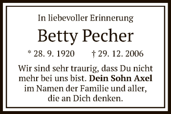 Traueranzeige von Betty Pecher von FNP