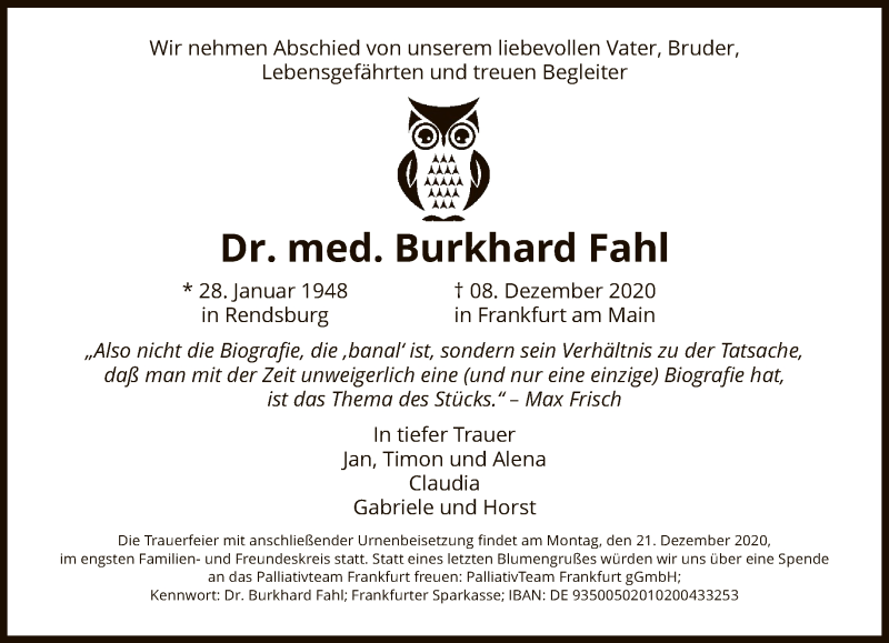  Traueranzeige für Burkhard Fahl vom 12.12.2020 aus FNP
