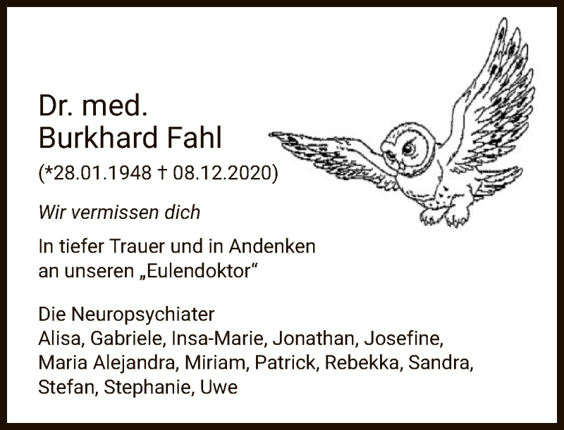  Traueranzeige für Burkhard Fahl vom 19.12.2020 aus FNP