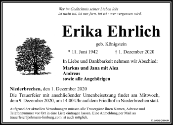 Traueranzeige von Erika Ehrlich von FNP