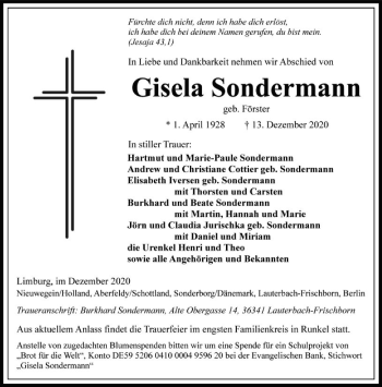 Traueranzeige von Gisela Sondermann von FNP