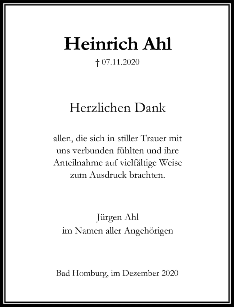  Traueranzeige für Heinrich Ahl vom 19.12.2020 aus FNP