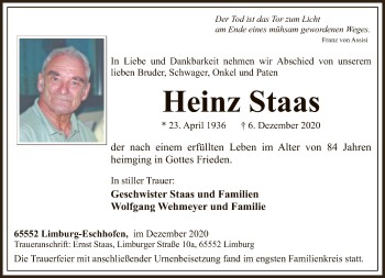 Traueranzeige von Heinz Staas von FNP