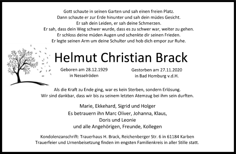  Traueranzeige für Helmut Christian Brack vom 12.12.2020 aus FNP