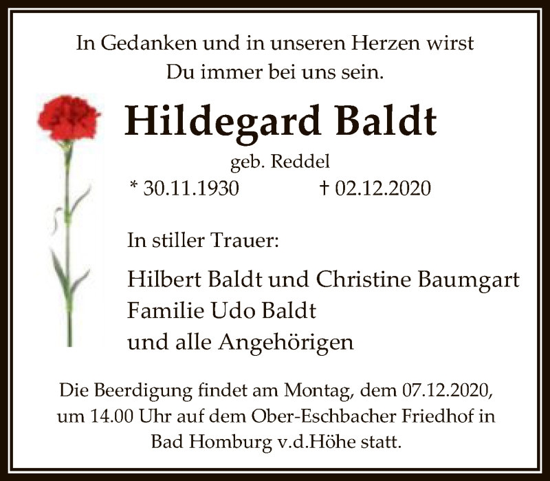  Traueranzeige für Hildegard Baldt vom 05.12.2020 aus FNP