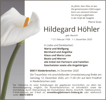 Traueranzeige von Hildegard Hoehler von FNP