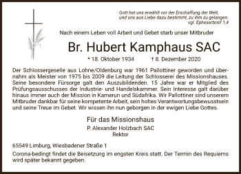 Traueranzeige von Hubert Kamphaus von FNP