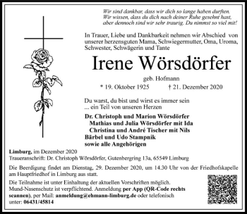 Traueranzeige von Irene Wörsdörfer von FNP