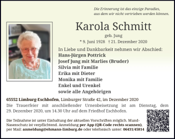 Traueranzeige von Karola Schmitt von FNP