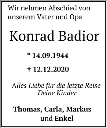 Traueranzeige von Konrad Badior von FNP