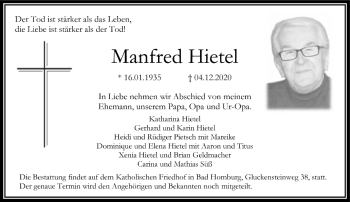 Traueranzeige von Manfred Hietel von FNP