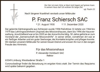 Traueranzeige von P. Franz Schiersch von FNP