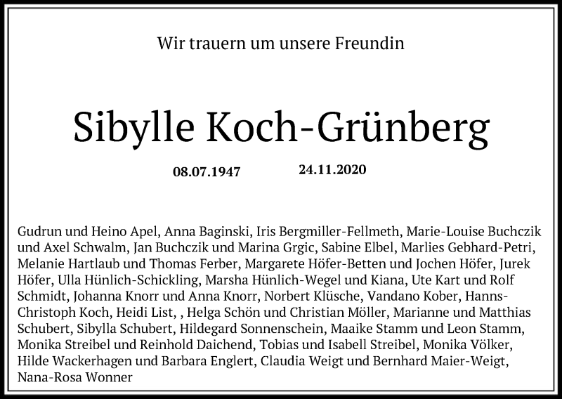  Traueranzeige für Sibylle Koch-Grünberg vom 04.12.2020 aus FNP