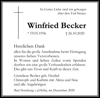 Traueranzeige von Winfried Becker von FNP