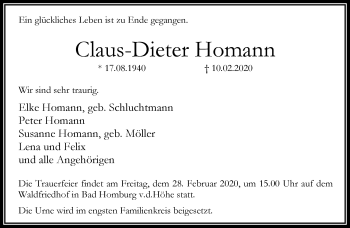 Traueranzeige von Claus-Dieter Homann von RMZ