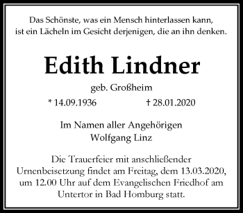 Traueranzeige von Edith Lindner von RMZ